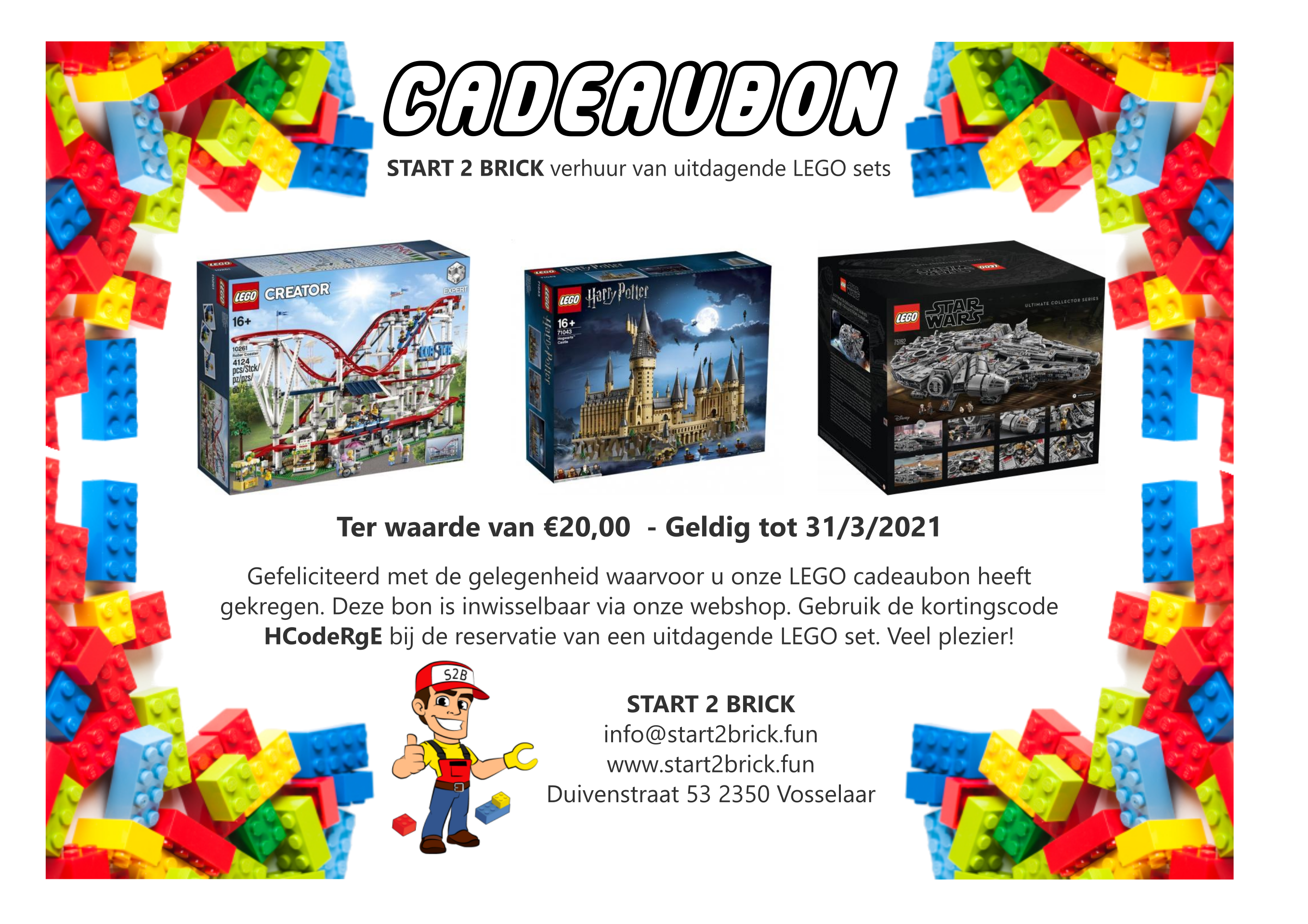 Start 2 Brick LEGO set huren cadeaubon 20 Euro